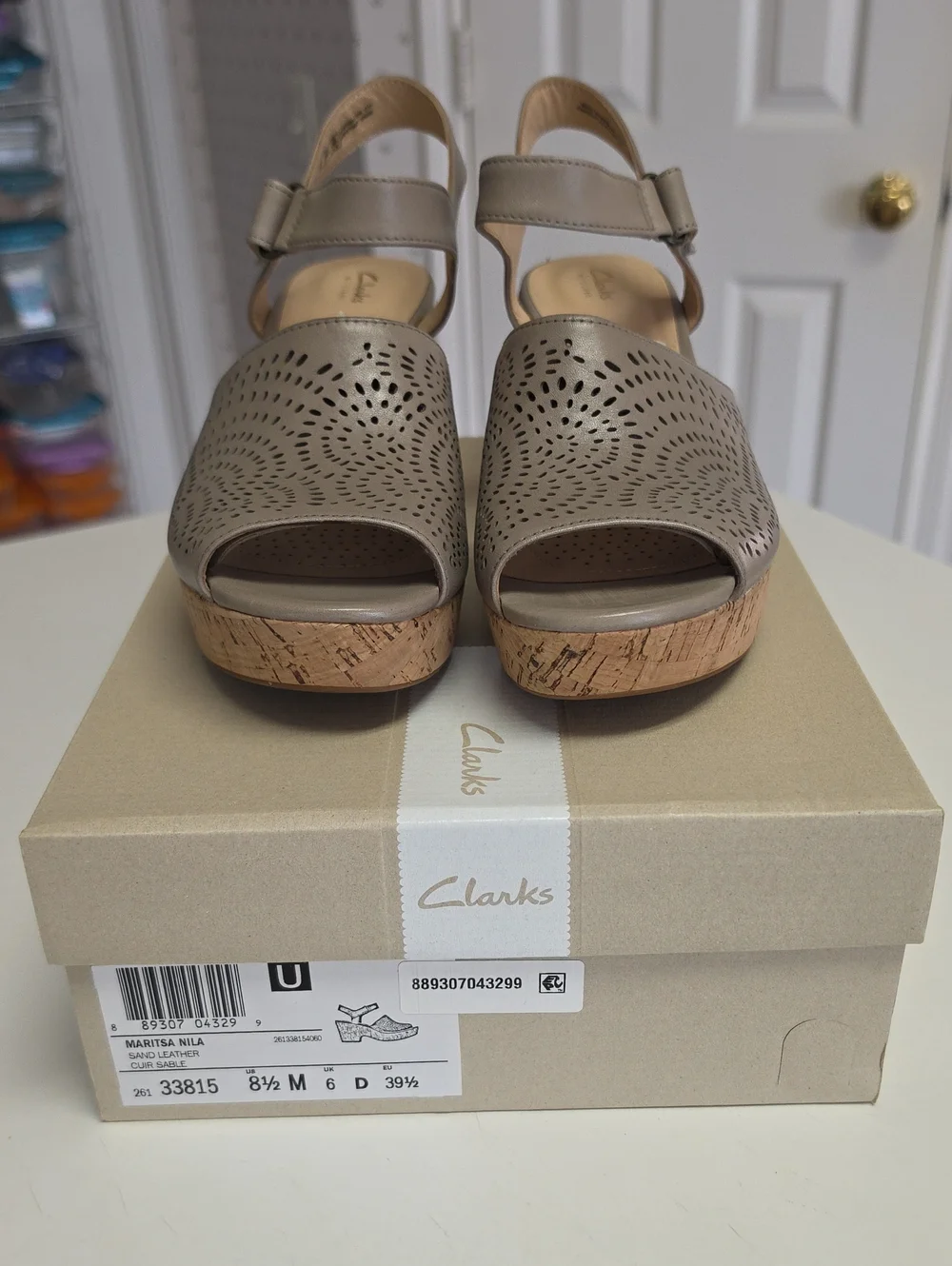 New Clarks Sand Perforated Leather Cork Wedge Sandals. 8.5 Medium